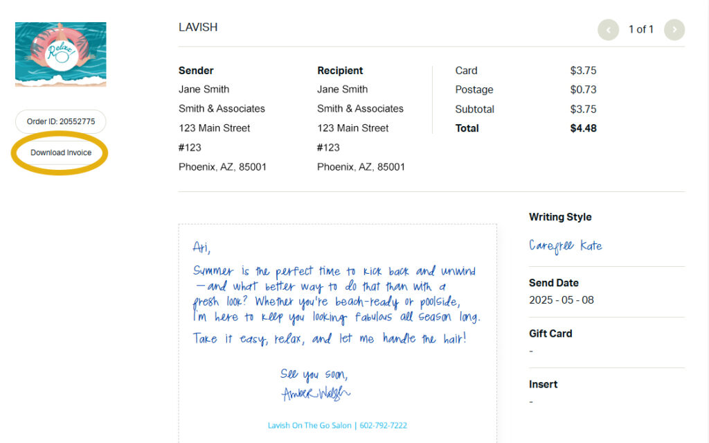 Invoice details for Jane Smith's order