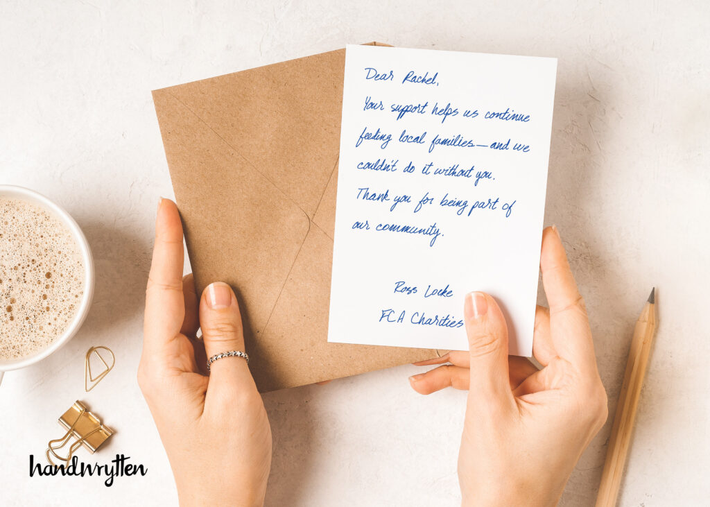 Handwritten thank you note for support.