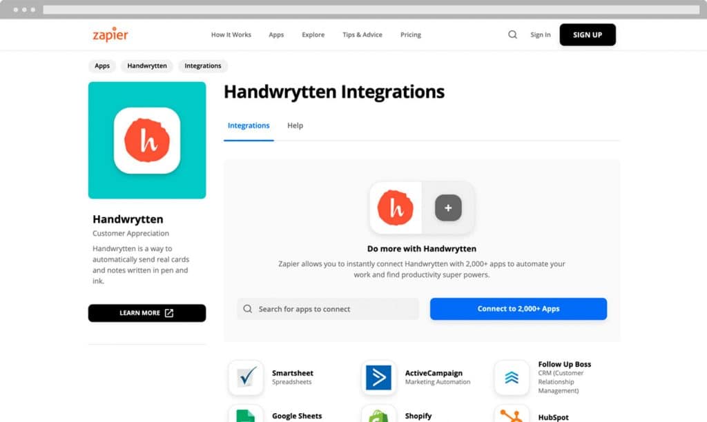 Zapier Handwrytten integration interface screenshot