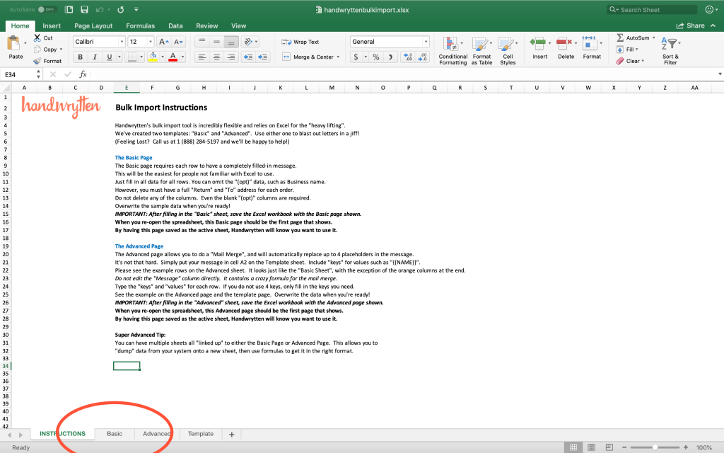 Screenshot of the Handwrytten Bulk Send spreadsheet's instruction tab.