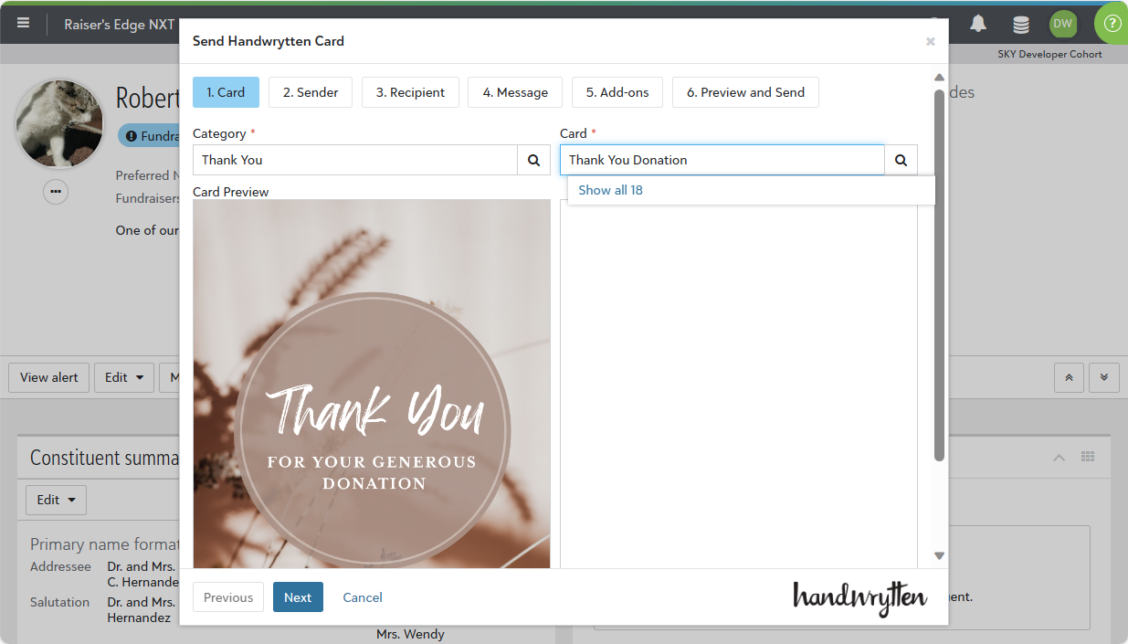 Blackbaud Screenshot showing the Handwrytten plugin sending a handwritten note to the recipient