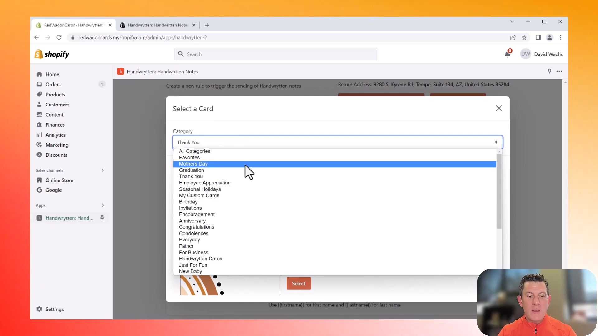 trigger for first order placed: card selection