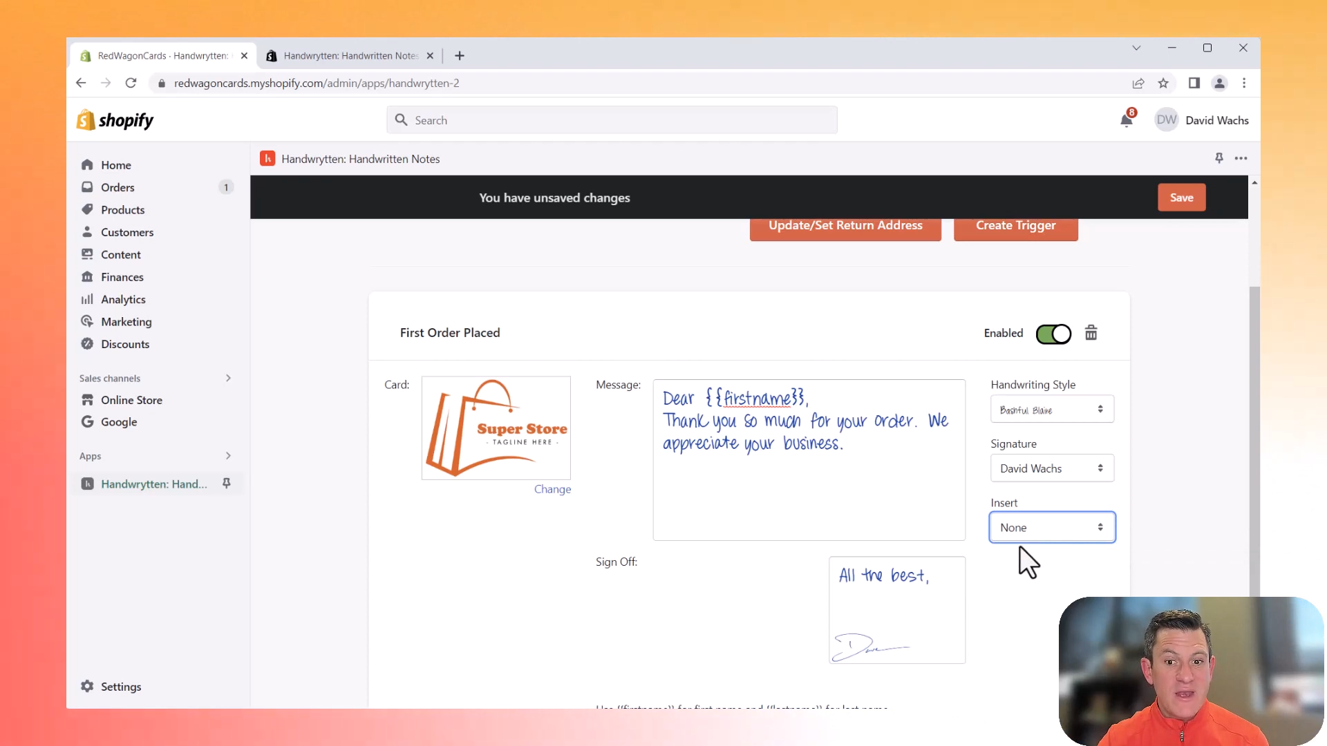 trigger for first order place: how the card looks