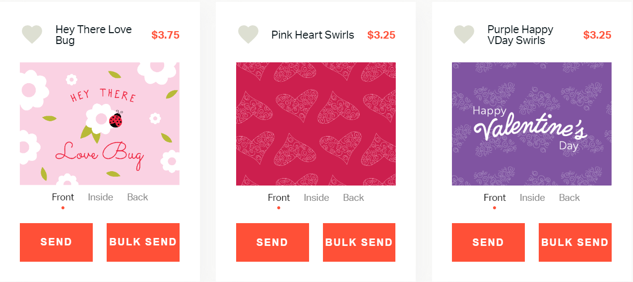 Valentine's card selection options displayed.