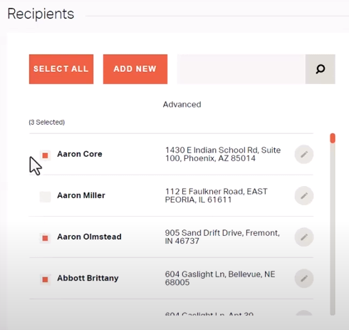 Recipient selection interface with details.