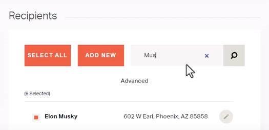Search bar for recipient names displayed.