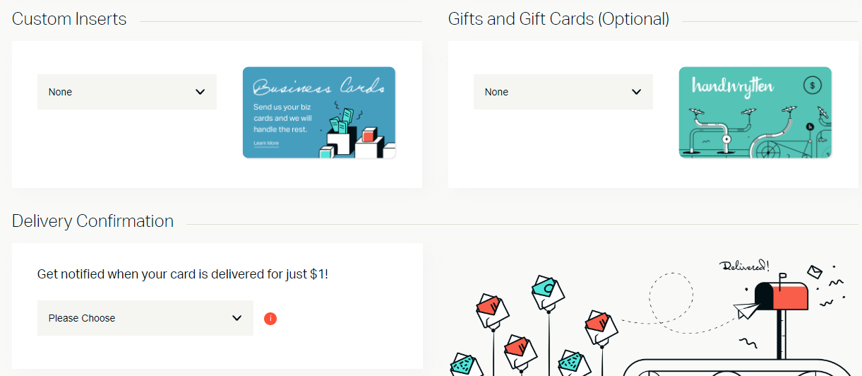 Options for custom inserts and delivery confirmation.
