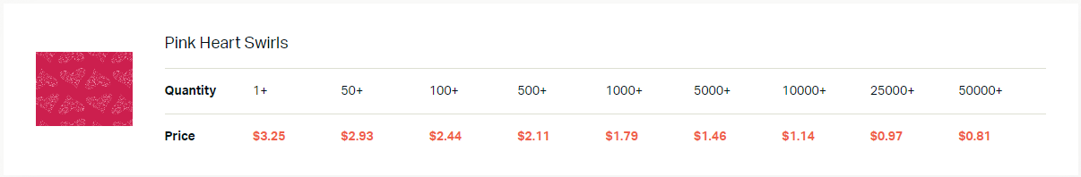Pricing table for pink heart swirls.