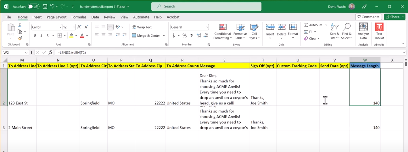 Excel sheet with message template details.