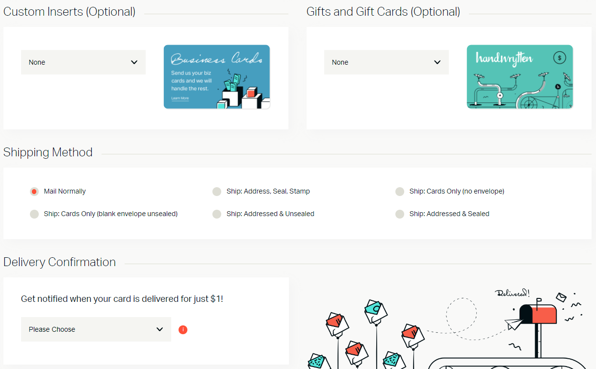 Options for card delivery and gifts.